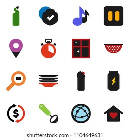 solid vector ixon set - cleaning agent vector, plates, shining window, colander, cook timer, ladle, music, exchange, enegry drink, protected, cargo search, internet, pause button, pin, love home