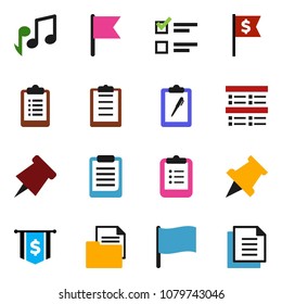 solid vector ixon set - clipboard vector, paper pin, music, flag, exam, dollar, document