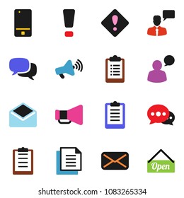 solid vector ixon set - clipboard vector, document, loudspeaker, mobile phone, dialog, speaking man, mail, message, attention sign, open