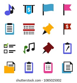 solid vector ixon set - clipboard vector, paper pin, music, flag, exam, dollar, document