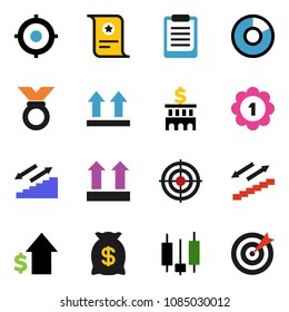 solid vector ixon set - clipboard vector, certificate, pie graph, japanese candle, dollar growth, bank building, target, medal, stairways run, top sign, money bag