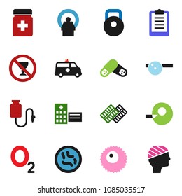 solid vector ixon set - clipboard vector, weight, no alcohol sign, oxygen, insemination, pills, bottle, blister, eye doctor hat, microbs, hospital building, amkbulance car, tomography, drop counter