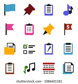 solid vector ixon set - clipboard vector, paper pin, music, flag, exam, dollar, document