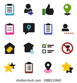 solid vector ixon set - clipboard vector, exam, no alcohol sign, map pin, traking, finger up, favorites, login, smart home, star