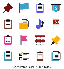 solid vector ixon set - clipboard vector, paper pin, music, flag, exam, dollar, document