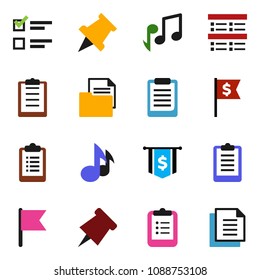 solid vector ixon set - clipboard vector, paper pin, music, flag, exam, dollar, document