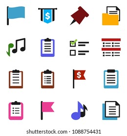 solid vector ixon set - clipboard vector, paper pin, music, flag, exam, dollar, document