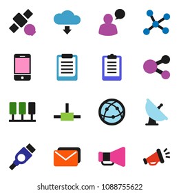 solid vector ixon set - clipboard vector, satellite, antenna, loudspeaker, internet, mobile phone, speaking man, hdmi, connect, network, server, share, cloud download, mail
