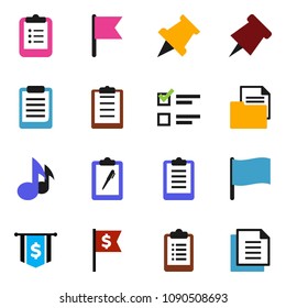 solid vector ixon set - clipboard vector, paper pin, music, flag, exam, dollar, document