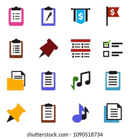 solid vector ixon set - clipboard vector, paper pin, music, exam, dollar flag, document