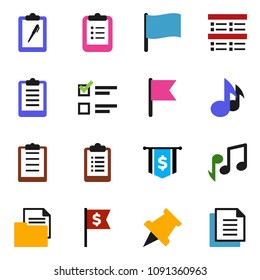 solid vector ixon set - clipboard vector, paper pin, music, flag, exam, dollar, document