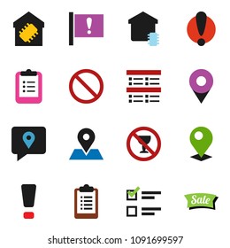 solid vector ixon set - clipboard vector, exam, prohibition sign, no alcohol, map pin, attention, traking, smart home, sale