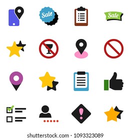 solid vector ixon set - clipboard vector, exam, prohibition sign, no alcohol, map pin, traking, finger up, favorites, login, attention, star, sale
