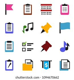 solid vector ixon set - clipboard vector, paper pin, music, flag, exam, dollar, document