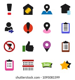 solid vector ixon set - clipboard vector, exam, no alcohol sign, map pin, attention, finger up, login, smart home, sale, star