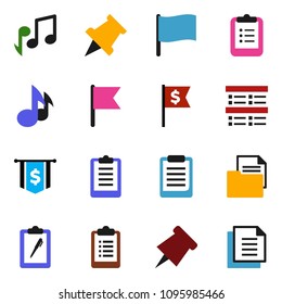 solid vector ixon set - clipboard vector, paper pin, music, flag, exam, dollar, document