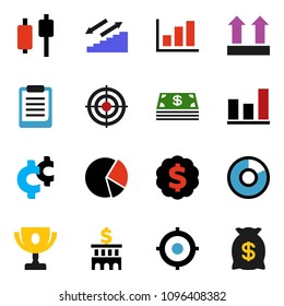 solid vector ixon set - clipboard vector, award cup, graph, pie, japanese candle, bank building, target, dollar medal, cent sign, stairways run, top, cash, money bag