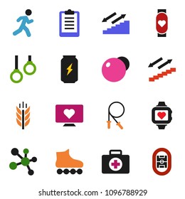 solid vector ixon set - clipboard vector, jump rope, fitball, roller Skates, enegry drink, molecule, heart monitor, stairways run, cereals, first aid kit, gymnast rings, stadium