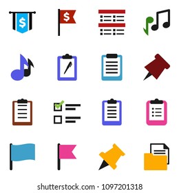 solid vector ixon set - clipboard vector, paper pin, music, flag, exam, dollar, document
