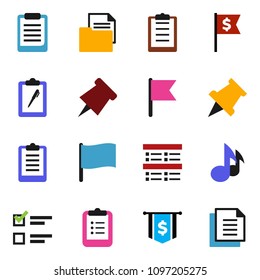 solid vector ixon set - clipboard vector, paper pin, music, flag, exam, dollar, document