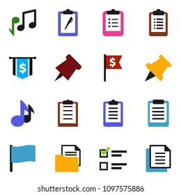 solid vector ixon set - clipboard vector, paper pin, music, flag, exam, dollar, document