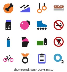 solid vector ixon set - clipboard vector, pills vial, bike, punching bag, fitball, buttocks, roller Skates, medal, stairways run, fitness mat, breads, no alcohol sign, smoking, bone, gymnast rings