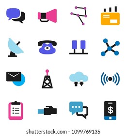 solid vector ixon set - clipboard vector, satellite antenna, loudspeaker, dialog, classic phone, network, server, cloud exchange, lan connector, mail, wireless, tap pay