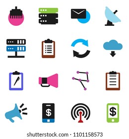 solid vector ixon set - clipboard vector, satellite antenna, loudspeaker, network, server, big data, lan connector, refresh, cloud download, mail, tap pay