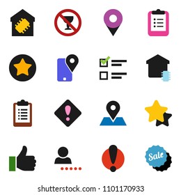 solid vector ixon set - clipboard vector, exam, no alcohol sign, map pin, attention, traking, finger up, favorites, login, smart home, star, sale