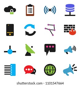 solid vector ixon set - clipboard vector, satellite antenna, loudspeaker, internet, mobile phone, connect, network, server, cloud lock, firewall, hub, message, refresh, wireless