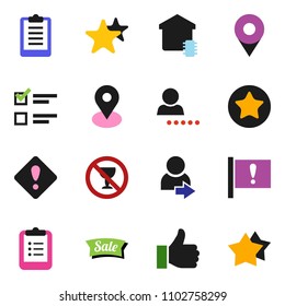 solid vector ixon set - clipboard vector, exam, no alcohol sign, map pin, attention, finger up, favorites, login, smart home, sale, star