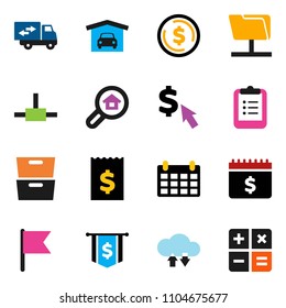 solid vector ixon set - clipboard vector, archive, flag, dollar coin, receipt, calendar, cursor, connect, network folder, cloud exchange, garage, search estate, relocation truck, calculator