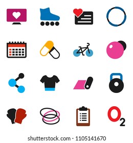 solid vector ixon set - clipboard vector, bike, weight, fitball, boxing glove, t shirt, roller Skates, pills, molecule, calendar, fitness mat, heart monitor, hoop, oxygen