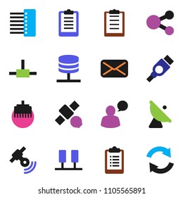 solid vector ixon set - clipboard vector, satellite, antenna, satellitie, speaking man, mail, hdmi, connect, server, network, hub, lan connector, share, refresh