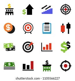 solid vector ixon set - clipboard vector, graph, japanese candle, dollar growth, bank building, sign, target, stairways run, coin, cash