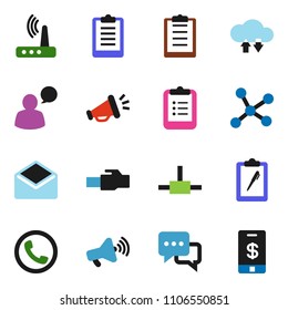 solid vector ixon set - clipboard vector, loudspeaker, dialog, speaking man, mail, connect, network, cloud exchange, router, lan connector, phone, tap pay