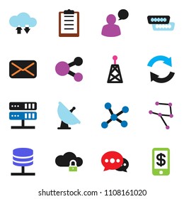 solid vector ixon set - clipboard vector, satellite antenna, speaking man, mail, hdmi, network, server, cloud lock, exchange, share, message, refresh, tap pay