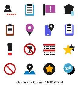 solid vector ixon set - clipboard vector, exam, prohibition sign, no alcohol, map pin, attention, traking, favorites, login, smart home, sale