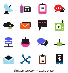 solid vector ixon set - clipboard vector, phone, satellite antenna, radio, dialog, mail, connect, network, server, cloud lock, lan connector, message, tap pay