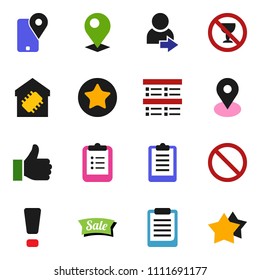 solid vector ixon set - clipboard vector, exam, prohibition sign, no alcohol, map pin, traking, finger up, favorites, login, attention, smart home, sale, star