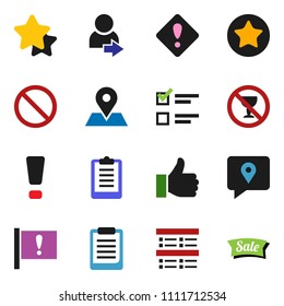 solid vector ixon set - clipboard vector, exam, prohibition sign, no alcohol, map pin, attention, traking, finger up, favorites, login, star, sale