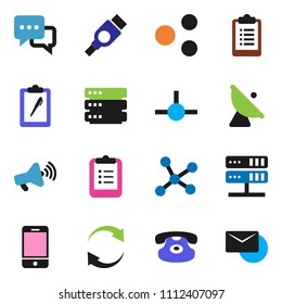 solid vector ixon set - clipboard vector, satellite antenna, loudspeaker, mobile phone, dialog, classic, hdmi, connect, network, server, big data, share, refresh, mail