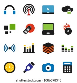 solid vector ixon set - clock vector, barcode, music hit, camera, antenna, equalizer, headphones, notebook pc, hdmi, cloud lock, big data, loading, wireless, calculator