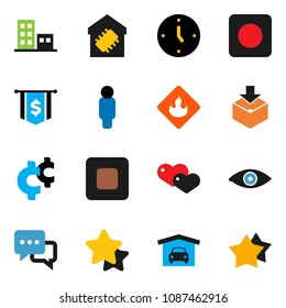solid vector ixon set - clock vector, man, dollar flag, cent sign, package, flammable, dialog, heart, stop button, rec, eye, garage, apartments, smart home, star