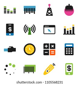 solid vector ixon set - clock vector, barcode, antenna, equalizer, remote control, browser, lan connector, loading, wireless, calculator, tap pay