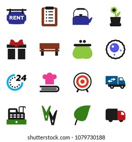 solid vector ixon set - clothespin vector, kettle, cookbook, leaf, target, ovule, bench, rent signboard, relocation truck, flower in pot, gift, wallet, 24 hour, cashbox, shopping list, delivery