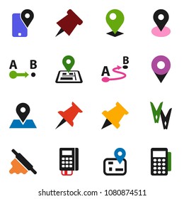 solid vector ixon set - clothespin vector, rolling pin, paper, navigator, map, traking, route, thumbtack, card reader