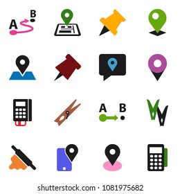 solid vector ixon set - clothespin vector, rolling pin, paper, navigator, map, traking, route, card reader