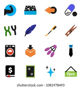 solid vector ixon set - clothespin vector, sponge, car fetlock, shining, window cleaning, washer, pen, annual report, tie, muscule hand, pills, shuttlecock, package, chromosomes, arrow, open