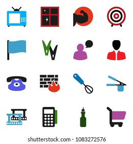 solid vector ixon set - clothespin vector, shining window, cook press, whisk, oil, flag, manager, target, muscule hand, film frame, speaking man, classic phone, firewall, tv, card reader, cart